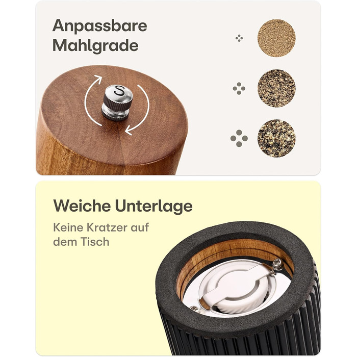 Набір для перцю та солі Praknu з дерев'яної акації з керамічним жорном - регулювання ступеня помолу, довговічний - дерев'яні млини для спецій - набір млинів для солі та перцю, чорний (маленький)