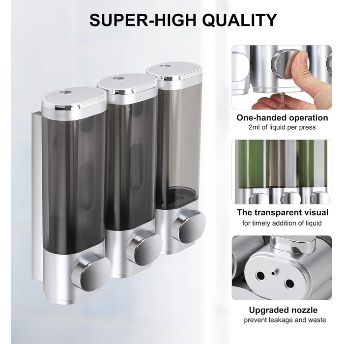 Wall-Mounted Soap Dispenser, Shampoo & Body Wash Dispenser, 3-Piece Soap Dispenser No Drilling Required, Even Liquid Dispensing, Leak-Proof Suitable for Shampoo, Body Wash, Liquid Soap, Conditioner. (Silver)