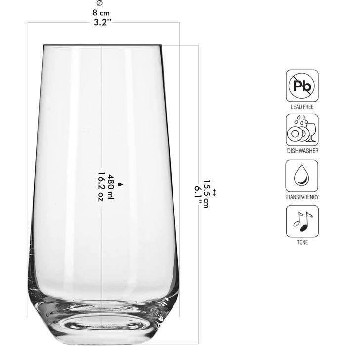 Krosno Water Glasses Highball Glasses Drinking Glasses | Set of 12 | 480 ML | Splendour Collection | Perfect for home, restaurants, and parties | Dishwasher safe