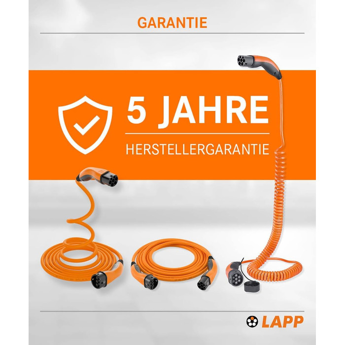 Кабель зарядного пристрою LAPP MOBILITY Typ 2, 22 кВт, 7м - для електромобілів, 32А, 3-фазний, IP55, Mode 3, з антикорозійними контактами, PHEV, BEV, EV, помаранчевий