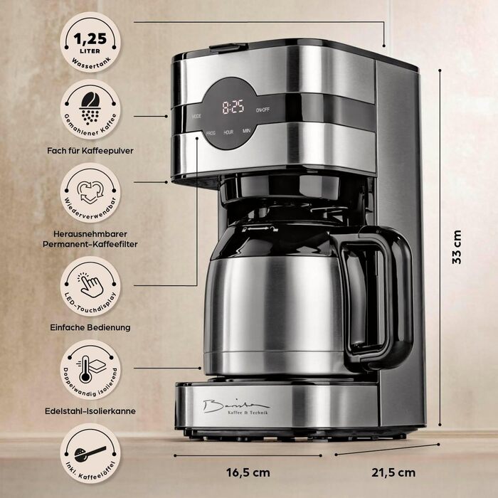 Кавомашина Barista Filterkaffeemaschine з термоканавою, таймер 24 год, постійний фільтр, для 8 чашок кави, для кавової гущі [з нержавіючої сталі] 2) Термокана з нержавіючої сталі