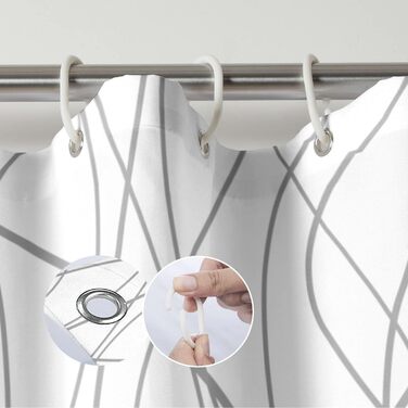 Шторка для душу M&W Design з поліестеру, з лініями, антигрибкова, водовідштовхувальна, біла, 180x200 см, з 12 C-кільцями, з обтяженим краєм