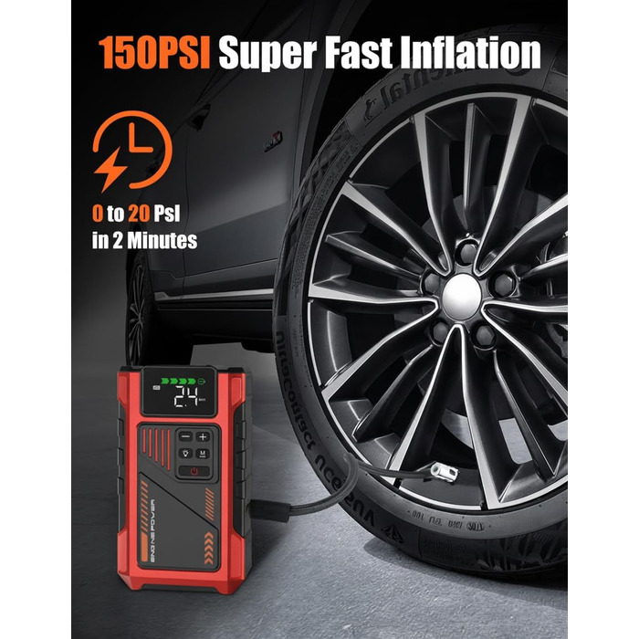 Powerbank для автомобіля з компресором 150 PSI та пусковим струмом 6000A (до 9.0л бензин/7.5л дизель), Jump Starter 12V з LCD дисплеєм, LED ліхтарик, червоний
