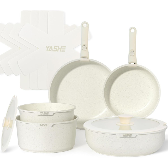 YASHE 13-Piece Cookware Set - Nonstick Granit Pots & Pans with Lids, Induction Ready, Oven Safe, Stackable