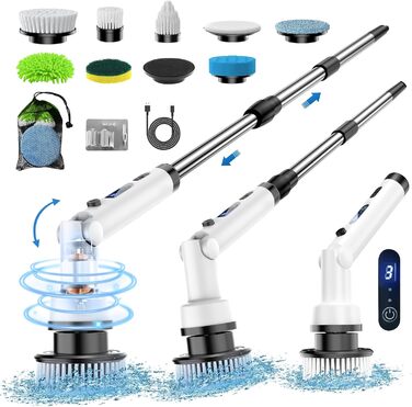 ETENTOUS Electric Cleaning Brush with 8 Replacement Brush Heads, Electric Spin Scrubber with 3 Modes, Power Scrubber with 37-140cm Adjustable Handle for Bathroom, Kitchen, Car, and Floor