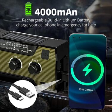 Радіо на сонячній енергії B-green з ручним курантом, LED-ліхтарик, SOS-сигнал, AM/FM, акумулятор 4000mAh для зарядки смартфону