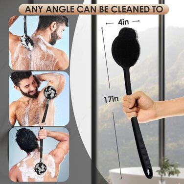 Силіконовий скребок для тіла під душ з довгим ручним держаком, двосторонній скребок для душу для пілінгу та масажу, створює багату піну, скребок для спини з довгим ручним держаком для чоловіків (Carbon Black)