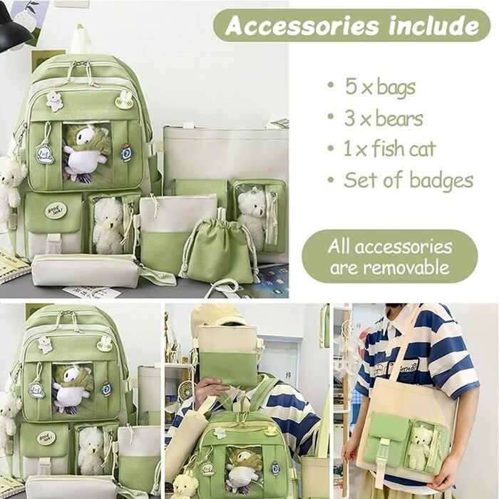 Японський рюкзак Kawaii з милим аксесуаром, набір 5 шт. Великий рюкзак Harajuku з брезенту, модний рюкзак для школи, коледжу, подорожей, з нашивкою (Зелений)