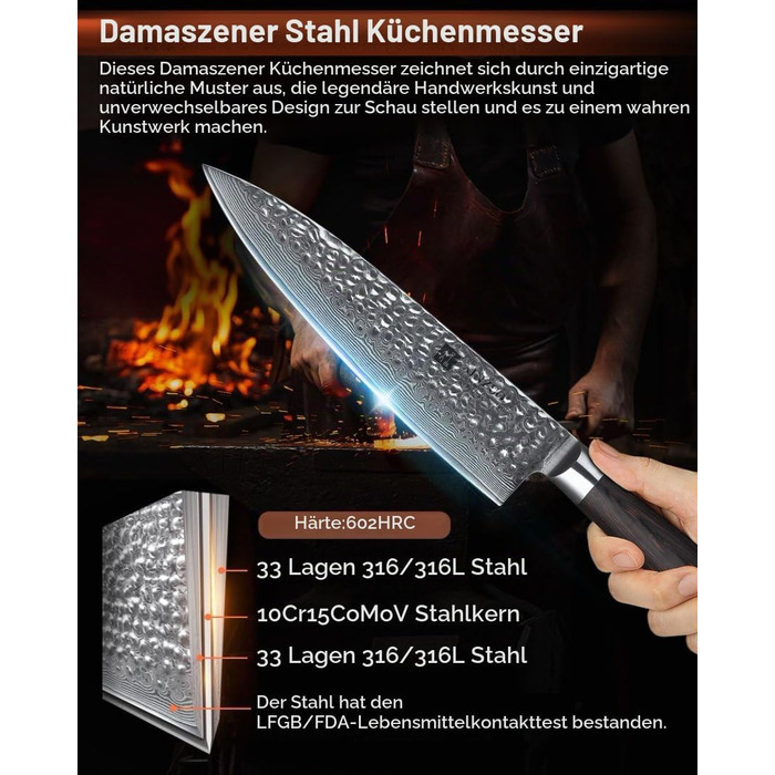 Професійний кухонний ніж XINZUO з дамаської сталі з руків'ям із дерева пакка, сріблястий