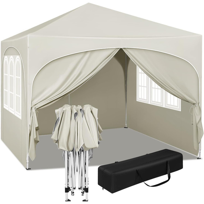 WOLTU Gazebo, Folding Gazebo 3x3 m, with 4 Side Walls, Party Tent Waterproof UV Protection 50+, Adjustable Height Garden Gazebo, with Carry Bag, for Outdoor Garden Camping (Beige)