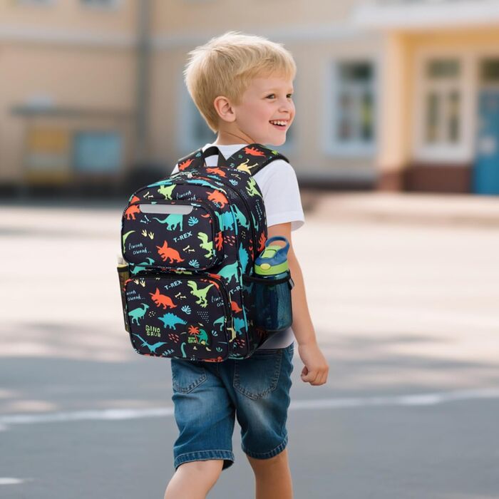 Дитячий рюкзак Bagseri для дівчаток 15L, легкий рюкзак для школи, дитячий сад та 1-2 класи, з нагрудним ременем та ізотермічним відділенням, формат DIN A4, з світловідбиваючими елементами (чорний динозавр)