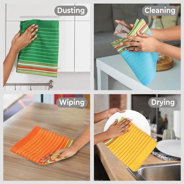 Urban Villa Salsa Striped Kitchen Towels, 100% Cotton, Multicolor, Highly Absorbent, Multi-Purpose Waffle Dish Towels for Cleaning, Soft Towels, 20 x 30 inches, 8 Pack
