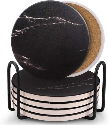 Coasters for Drinks, Absorbent Ceramic Stone Coasters Set with Metal Holder Stand, Cork Base, Marble Surface Pattern, Cup Placemats for Home Decor, Set of 6 - White (Black)