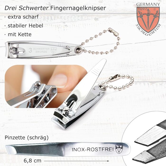 Набір для манікюру DREI SCHWERTER 'Catania' 6 предметів (Німеччина) - з ножицями для кутикули, щипчиками, пінцетом, алмазною та скляною пилочками, очищувачем для нігтів у футлярі, світло-коричневий