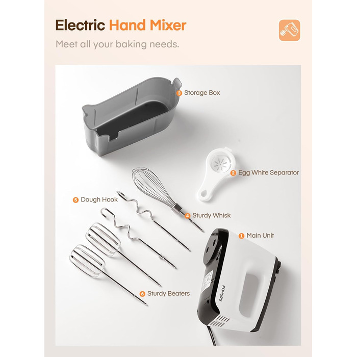 Електричний ручний міксер 400 Вт з 6 швидкостями та Turbo Boost, з набором аксесуарів, нержавіюча сталь, білий