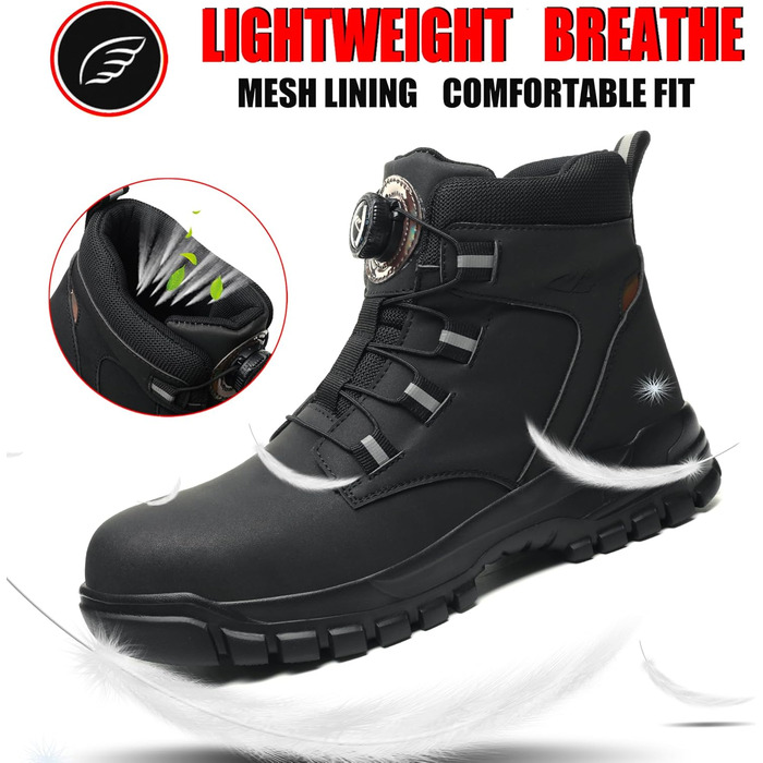Черевики безпеки для чоловіків та жінок. Легкі, водонепроникні робочі черевики зі сталевим підноском. Чорні робочі черевики з антиковзкою підошвою. Розмір 43 EU