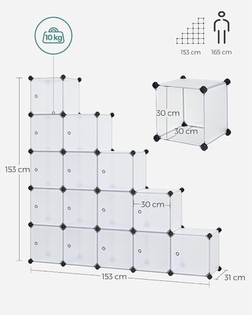 SONGMICS Regal System, Shoe Rack, Set of 16 Cubes, Plastic Closet Organizer with Doors, Stackable Shelf, Storage for Clothes, Shoes, and Books, Easy Assembly, White LPC44BS