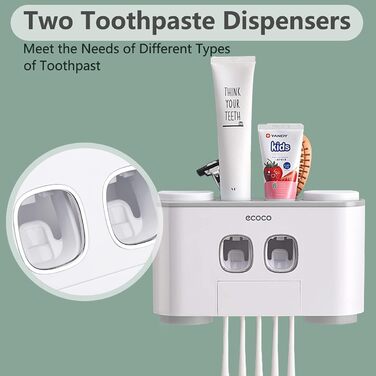 Toothbrush holder with toothpaste dispenser, wall-mounted for bathroom, bathroom organizer, storage accessory set for kids with 5 toothbrush holder slots