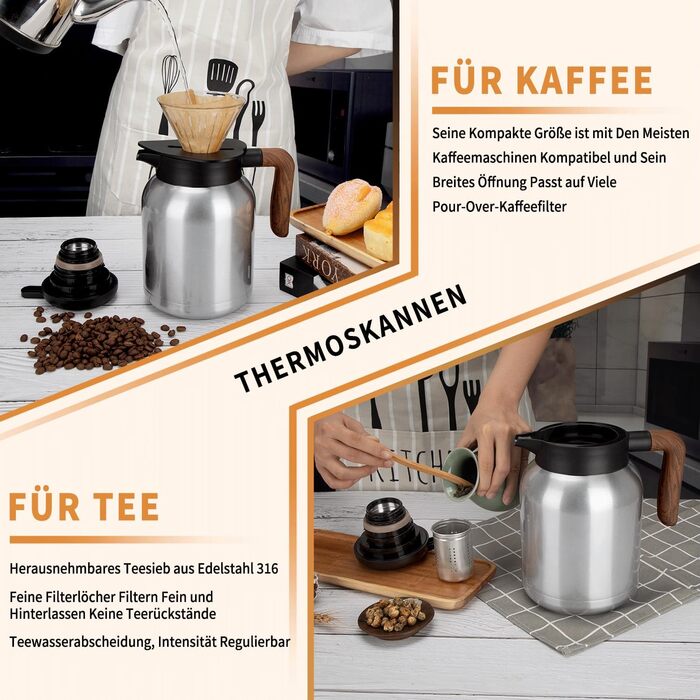 VETIN Thermos Flask with Tea Infuser 1.5L, Double-Walled 304 Stainless Steel Insulated Carafe, Tea Pot Thermo with Temperature Indicator, Coffee Pot Thermo 10h Heat/16h Cold