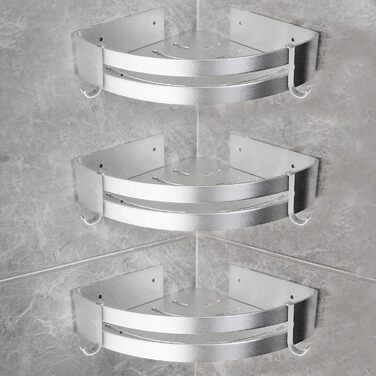 Yorbay Shower Shelf No Drilling with Mounting Material, Corner Shower Shelf No Drilling, Triangle Bathroom Shelf Made of Aluminum with Hooks, Bathroom Shelf 3-Piece Set