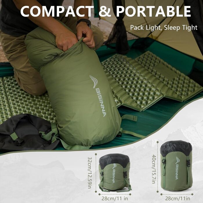 Сплячий мішок BISINNA Mumienschlafsack -10°C - 5°C [400GSM] для чотирьох сезонів, дорослий, водовідштовхувальний, YKK Zip, для відпочинку на природі, кемпінгу, трекінгу та подорожей (зелений)