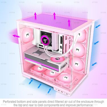 Корпус ПК ATX HYXN з 7 вентиляторами PWM ARGB, Mid Tower, Dual Chamber, Type-C, підтримка 3x360 мм кулерів (білий, рожевий)