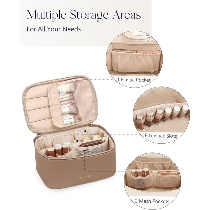Велика косметичка для жінок, дорожня туалетна сумочка з водонепроникної шкіри, велика косметичка або сумочка для макіяжу з ручкою та знімним роздільником (коричнева)