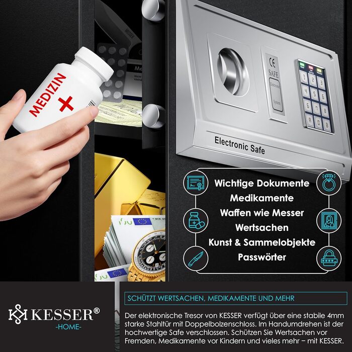 Електронний сейф KESSER® для дому та офісу 31x20x20 см, з подвійним замком, кріпленням, внутрішнім освітленням, сталевий (чорний, XL)
