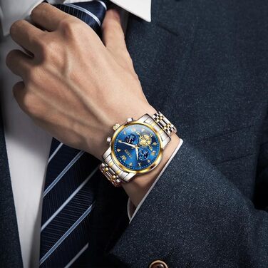 Чоловічий годинник-хронограф OLEVS: водонепроникний кварцовий годинник зі сталевим ремінцем (золото-срібло) та синім циферблатом, бізнес-стиль