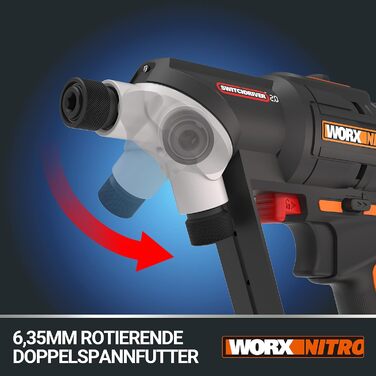 WORX WX177 NITRO акумуляторний дриль-шуруповерт Switchdriver 2.0 20V – потужний безщітковий двигун, 50Nm крутний момент, швидка заміна біт, точне регулювання крутного моменту, в комплекті акумулятор та зарядний пристрій. NITRO версія
