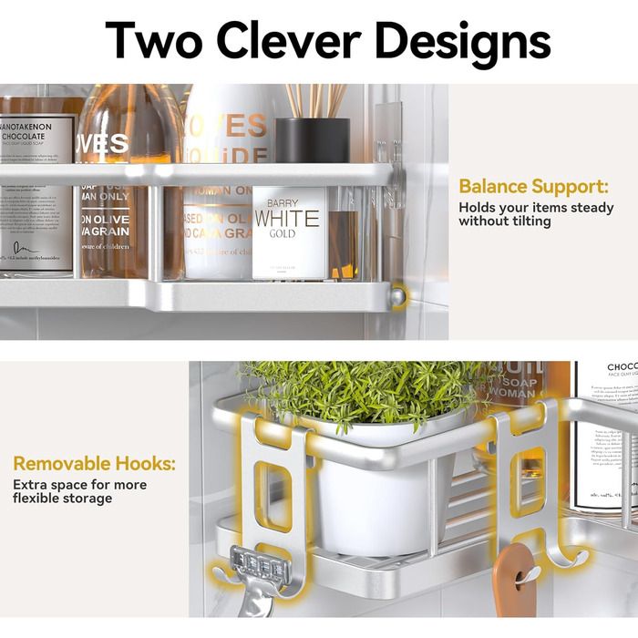 Органайзер для душу YASONIC (5 шт.), самоклеючий, нержавіюча сталь, полиці для ванної кімнати з мильничкою та 4 гачками, велика місткість, сріблястого кольору