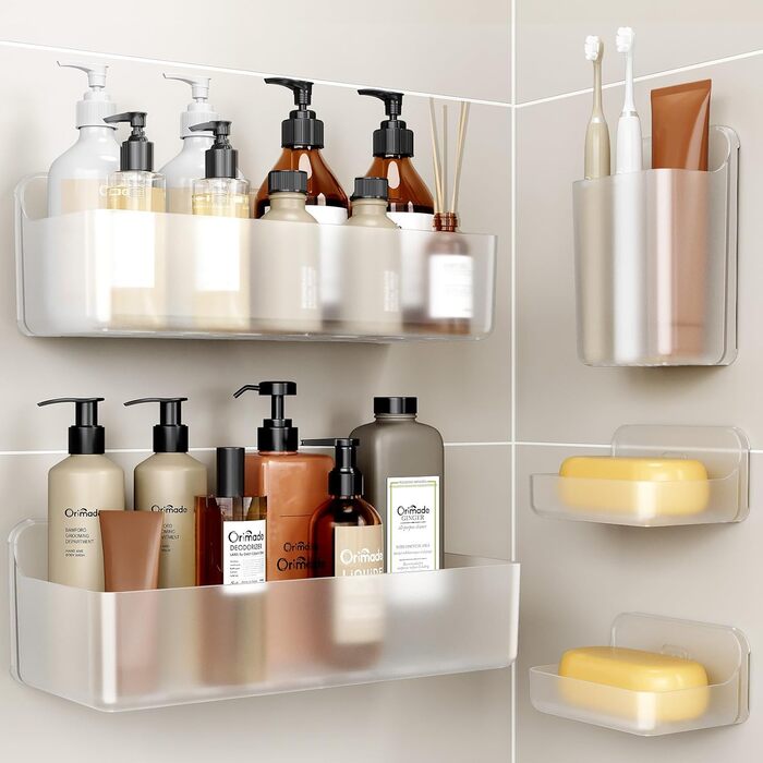 Rust-free, no-drill shower shelf Orimade, 5-piece shower rack, large capacity, clear no-drill bathroom shelf