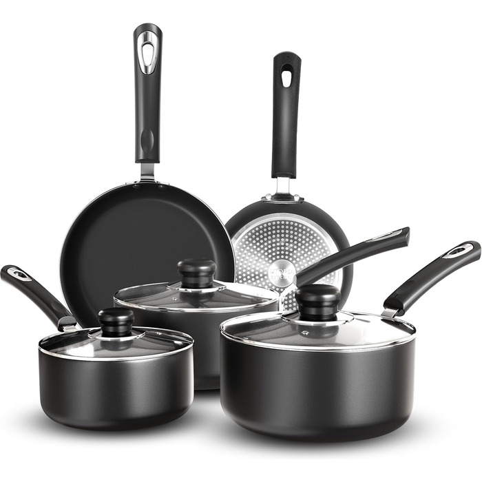 Набір посуду KICHLY 5 предметів з антипригарним покриттям: каструлі та сковорідки для індукційних плит. Включає сковорідки 20см, 28см та каструлі 20см, 22см, 16см з кришками (чорний)