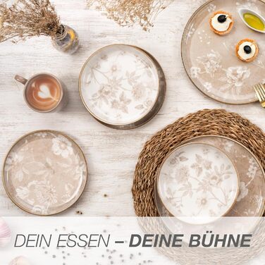 Набір посуду Moritz & Moritz MARIELLA Steingut 12 осіб, 48 предметів - Сучасний сервіз у бежевому кольорі з ігровим дизайном, легкий у догляді, з тарілками, чашками та салатниками - Комбінований сервіз