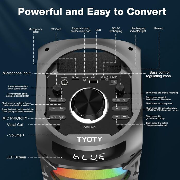 Bluetooth колонка з LED підсвіткою, пультом ДУ, підтримкою TF/USB, записом звуку, для дому та вечірок (чорна)