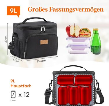 Термосумка LifeWit 9L для обідів та пікніків, чорна, вміщує 12 банок