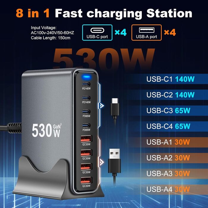 Зарядний пристрій USB-C 435W, 6 портів: для MacBook Pro/Air, iPad Pro/Air, Samsung та інших – чорний