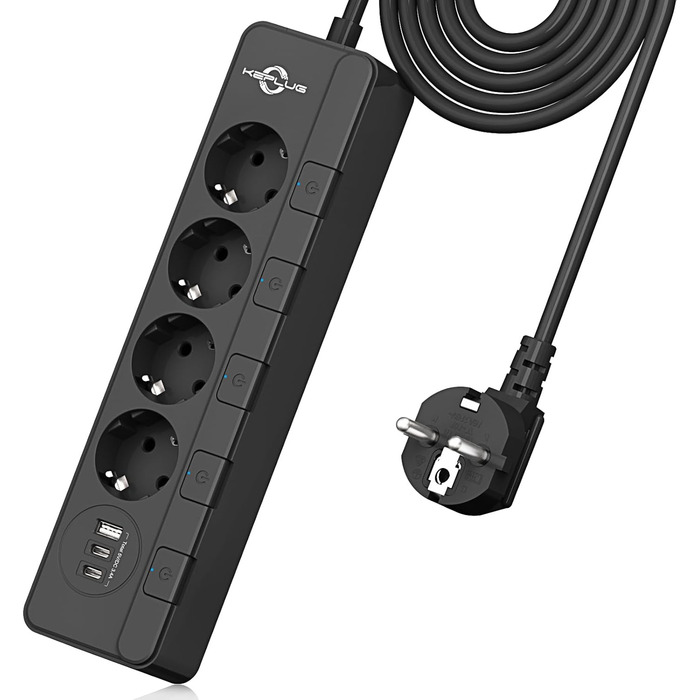 Мережевий фільтр KEPLUG з USB (4000W, 16A) - 6 розеток, 3 USB, індивідуальне вмикання, захист від дітей, 2м кабель, чорний