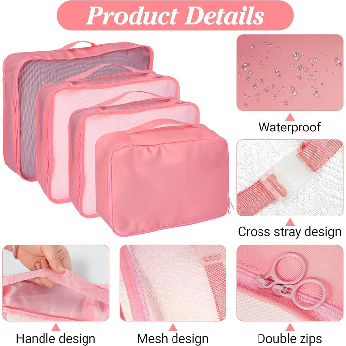 Органайзер для валізи Zorplex, набір 10 шт: кубики для пакування, аксесуари для подорожей, сумочки для одягу, взуття та косметики (рожевий)