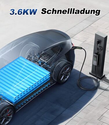 Кабель для зарядки електромобіля Type 2, 3.6 кВт / 5 м, 6A-16A, портативний зарядний пристрій для електрокар, сумісний з EU-Schuko (3.68 кВт)