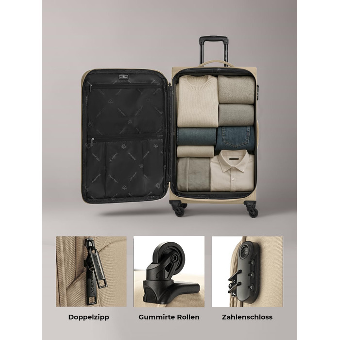 Набір валізак Smartbox (3 шт.) для жінок та чоловіків | Легкі та міцні валізи-ролери, якісний softcase, 4 колеса та кодовий замок | Розширювані | Бежевий колір