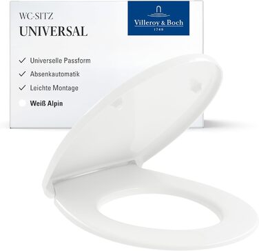 Універсальне сидіння для унітазу Villeroy & Boch овальної форми, біле глянцеве, з мікроліфтом (м'яке закриття), знімне та ударостійке, оригінальна запчастина