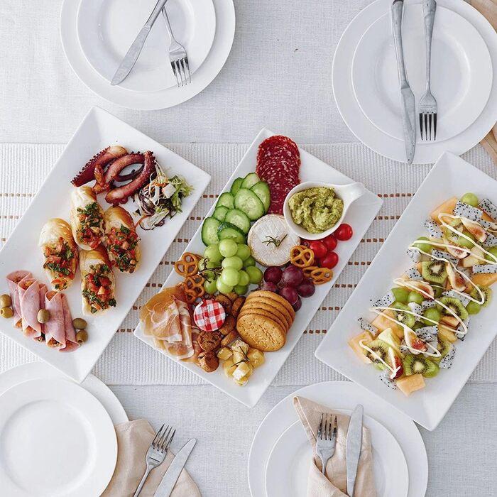 DOWAN Rectangular Serving Platter, Porcelain 35.6 x 20.3 cm, Rectangular Porcelain Plates, Dinner Plates for Meat, Fish, Sushi, Dish, etc. Natural White, 3 Pieces
