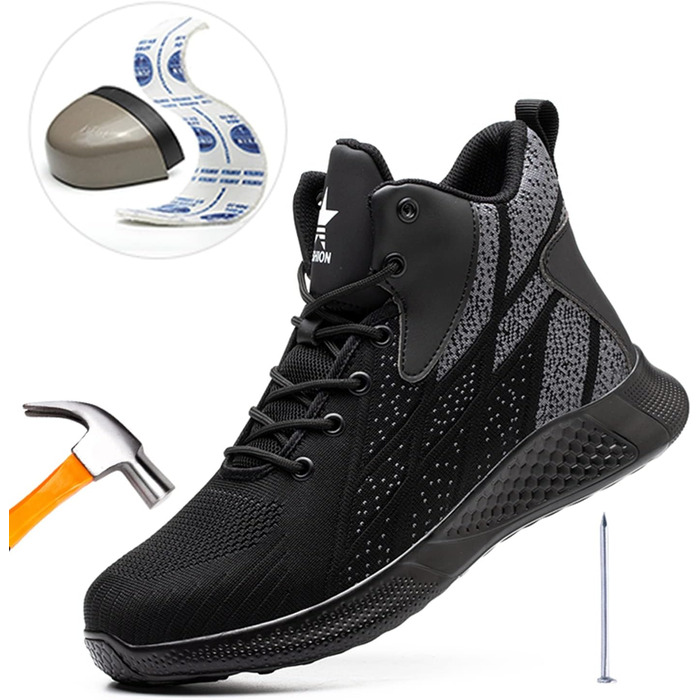 Легкі захисні черевики для чоловіків та жінок. Робочі черевики з металевим носком. Дихаючі, неслизькі, чорні. Розміри 35-48 EU.