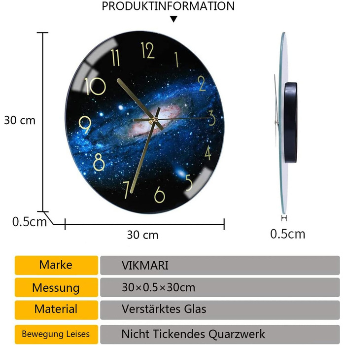 VIKMARI Glass Wall Clock Silent-Non Ticking Wand Clocks - Quality Quartz Battery-Operated Round 12 Inch (Night Sky Pattern)