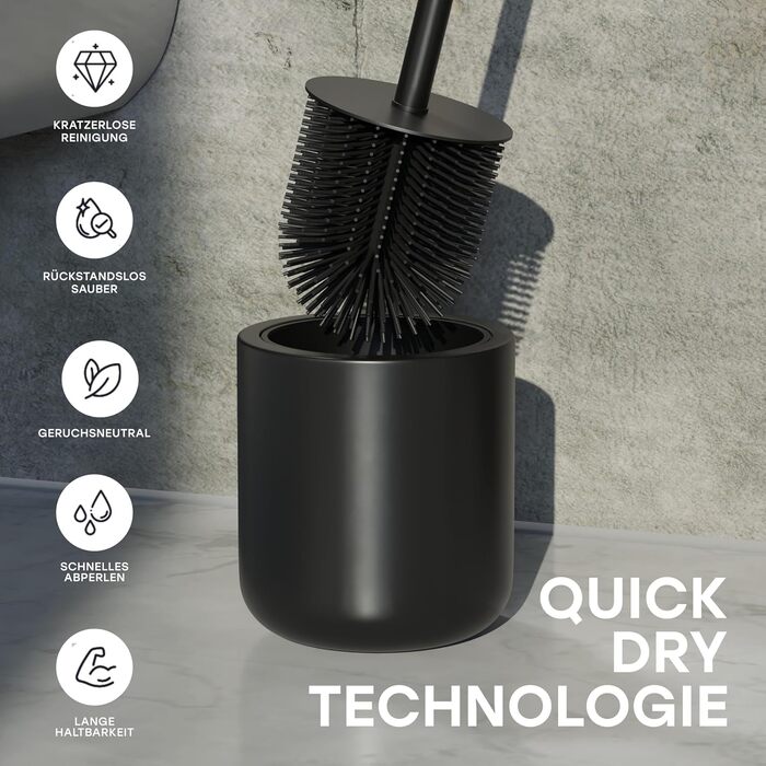 Набір для туалету Savega: щітка для унітазу з нержавіючої сталі та силікону з антибактеріальною насадкою та тримачем (чорний)