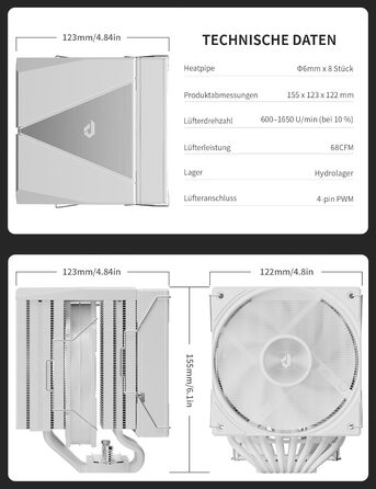 upHere UE2 Elite KC8C CPU кулер ARGB 120mm, Dual-Tower з 8 теплових трубок, TDP 280W, для процесорів AM5/AM4/AM3 Intel 1851/1700/115x/1200, тихий кулер для ПК (UE2 Elite T8-White)
