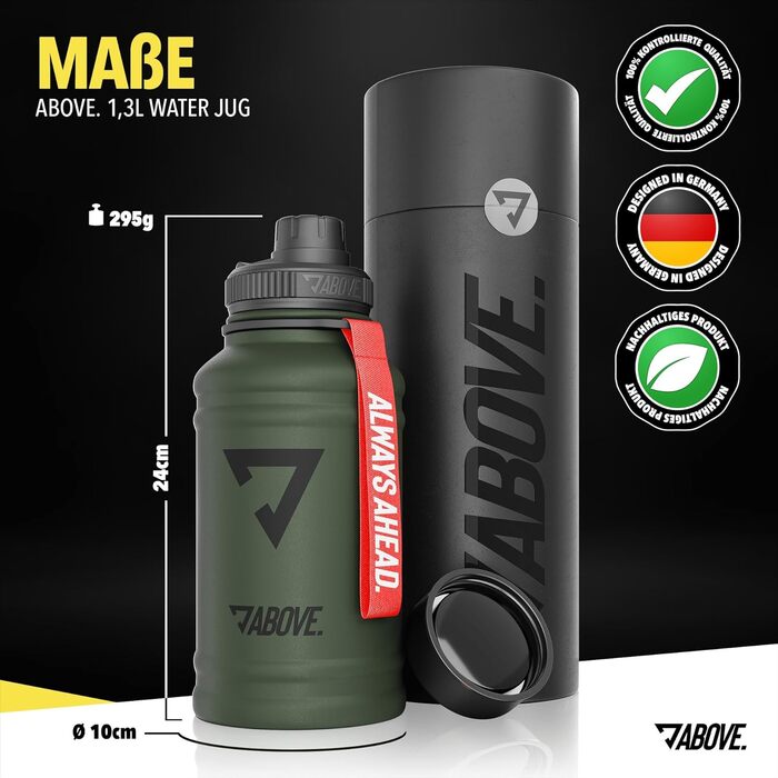 Металева пляшка для води 1.3 л, олива – нержавіюча сталь, BPA-free, герметична, спортивна, для фітнесу та подорожей, подарункова упаковка