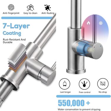 Кухонний змішувач висувний BONADE з душем, 360° поворот, змішувач для кухні з 2 струменями, з нержавіючої сталі, однорідний