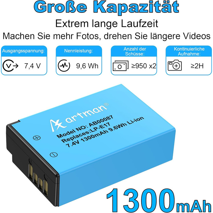 Акумулятор LP-E17 1300mAh та зарядний пристрій LED Dual USB для Canon Rebel SL3, SL2, T8i, T7i, T6i, T6s, EOS R10, R50, R8, RP, M3, M5, M6, 200D, 77D, 750D, 760D, 800D, 8000D (2 шт.)